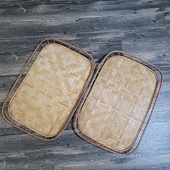 Vtg Woven Rattan Wicker Serving Trays Set (2) 19x13 Mid Century Boho - Picture 7 of 8